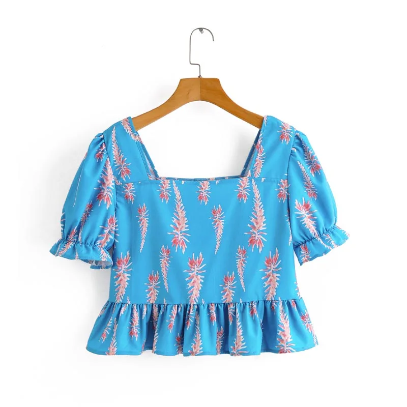 Summer Square Neck Blue Color Floral Print Crop Tops + Wide leg Trousers Sets Women Clothing Set