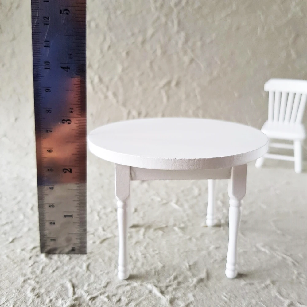 Dollhouse Miniature 1:12 Display White Wooden Table Chair Set DIY Toy Style Miniature Furniture