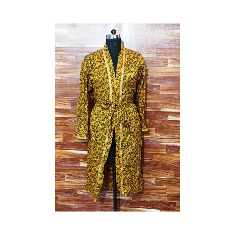 Premium Quality Linen Robe Vintage Silk Sari Printed Fashionable Kimono Robe with Double Front Pockets and Adjustable Belt