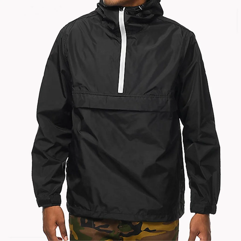 OEM windproof pullover pocket flap half zip custom printing logo design nylon black men blank windbreaker