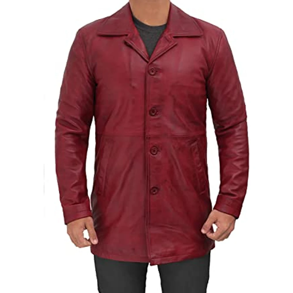 Mens Black Leather Jacket Distressed Leather Trench Coat Hip height Long Coat Three Quarter Long Coat