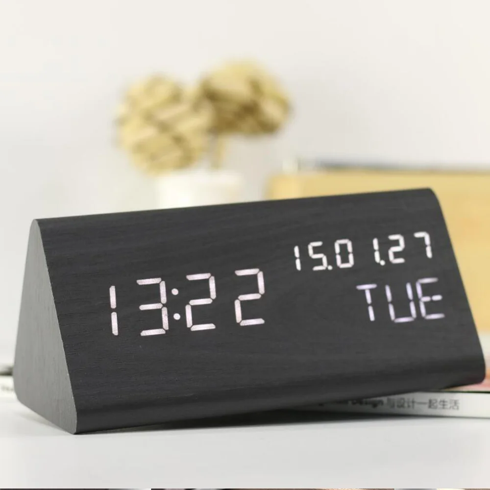
Table Bedroom Electric Wood Digital Calendar Day Clock Alarm Clock with 3 Alarms, Temperature and Humidity 