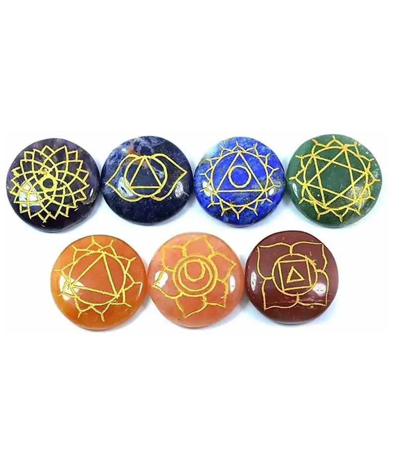 Wholesale Natural Seven chakra set with chakra Engraved Symbol  for  Healing  Meditation and Therapy  From ELEGANT AGATE