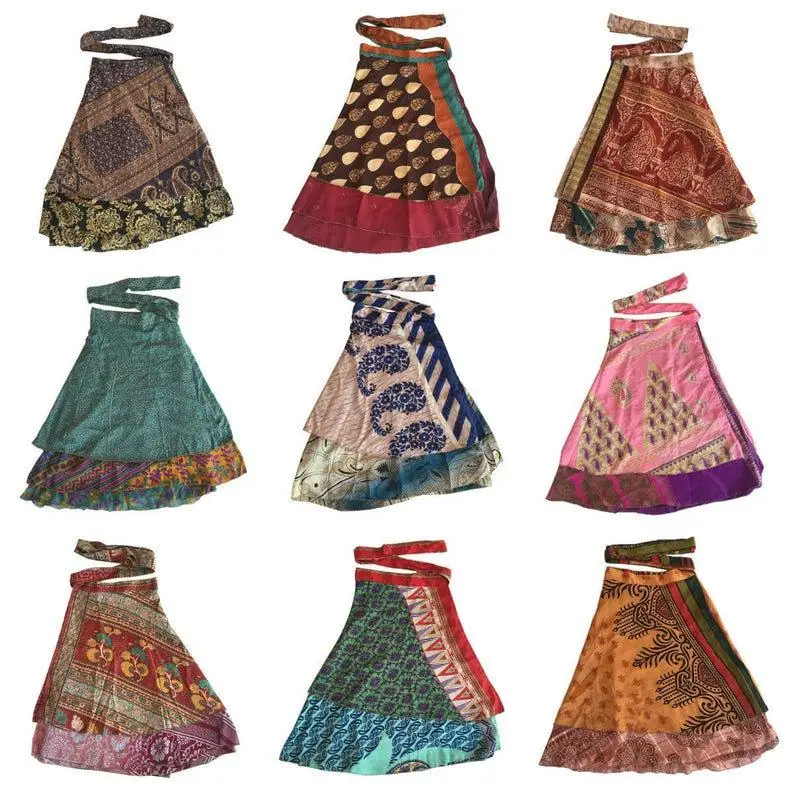 Short sarong wrap skirts vintage sari beach mini wrap skirts Vintage Silk Bohemian Hippie Beach Magic short Dress summer skirts