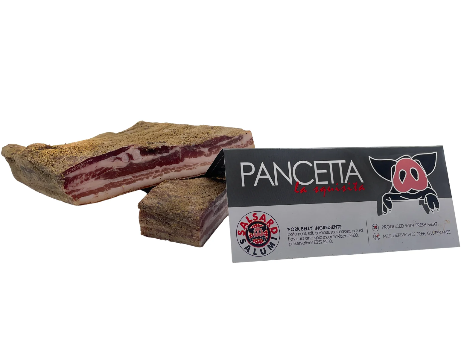 High-quality Italian cured LEAN PORK BELLY for importers, flavoured with green peppercorn