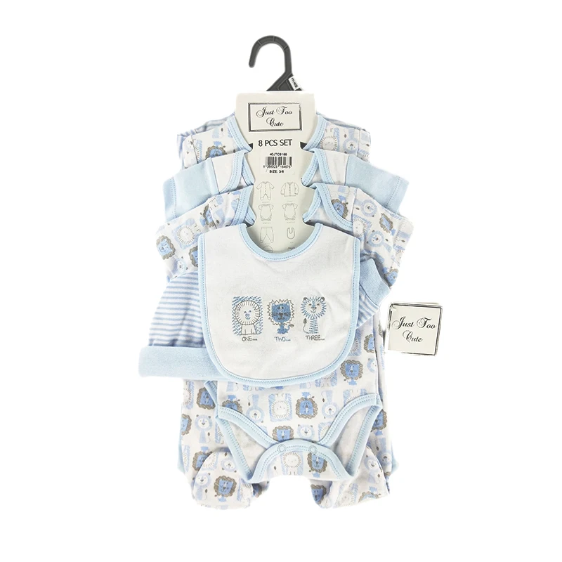 High Quality Cotton Layette Baby Clothes 8 PCS Set with bodysuit, Hat, Glove, shoes, and Bib