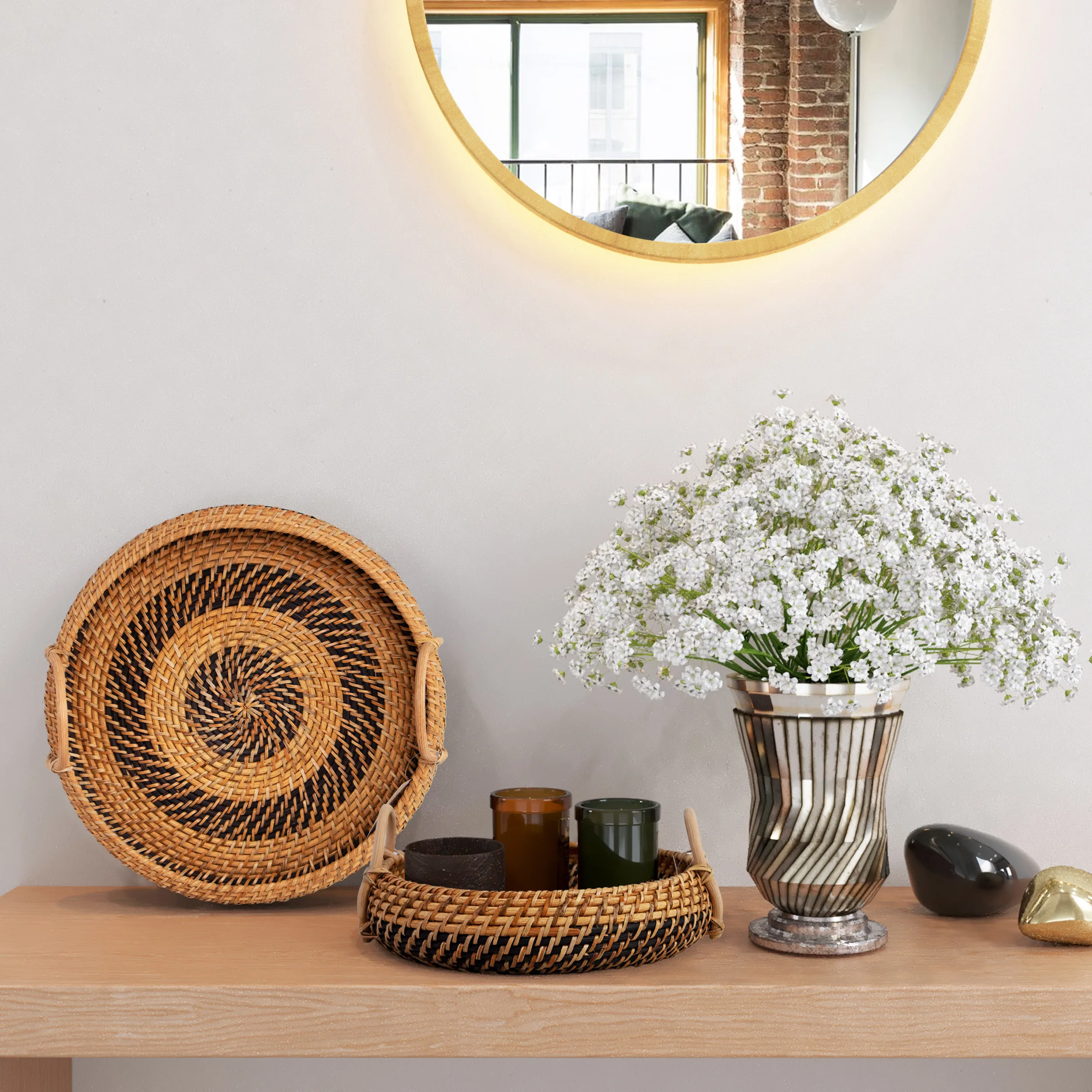  Оптовая цена круглые лотки из ротанга с ручками для сервировки хлеба или фруктов круглая плетеная корзина лоток хранения ручной работы