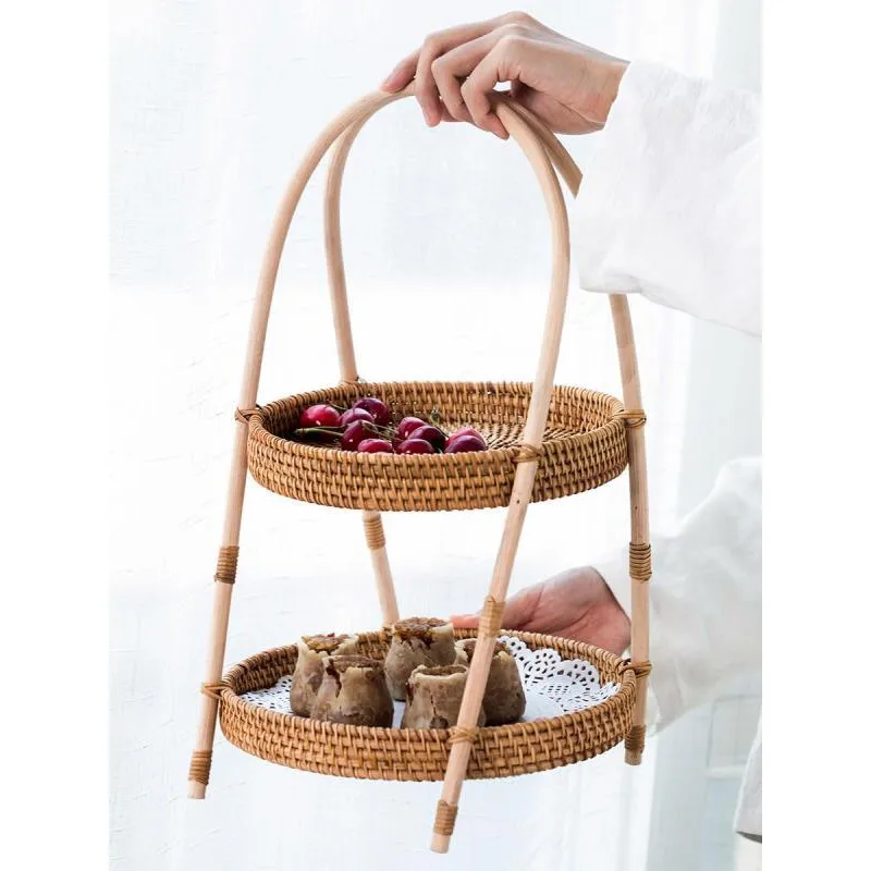 Kitchenware rattan hanging fruit basket round 3 tier hanging wicker basket rattan handmade sustainable