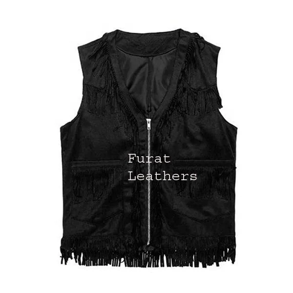 COWBOY BLACK GENUINE FRINGES LEATHER VEST Biker Vests With Concealed Carry Gun Pocket Cruise Vintage