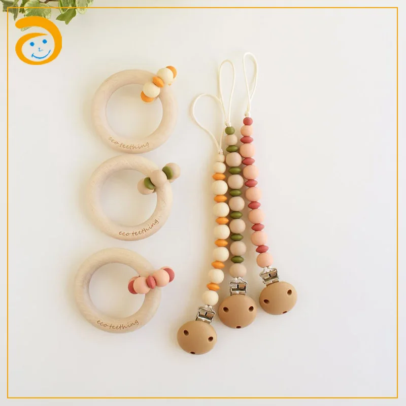 Food Grade Wooden Baby Toys Silicone Chew Teether Gift Set