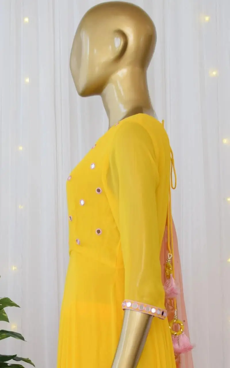 Yellow mirror work Anarkali Dress With Nazeen Dupatta Ready To Wear Dress For Women