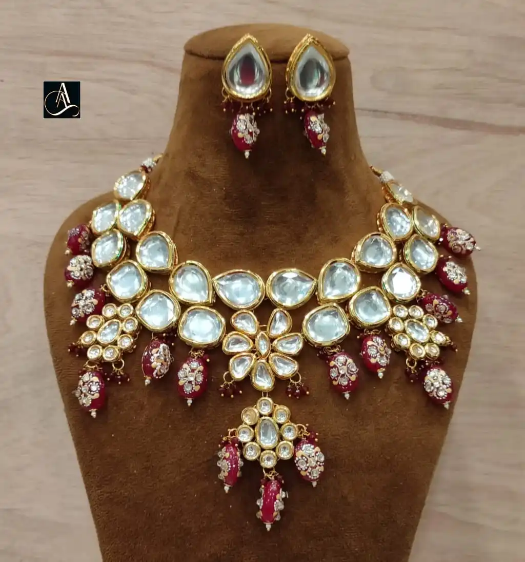 Big kundan stone and gold plated indian bridal heavy necklace with long earring in M Creation