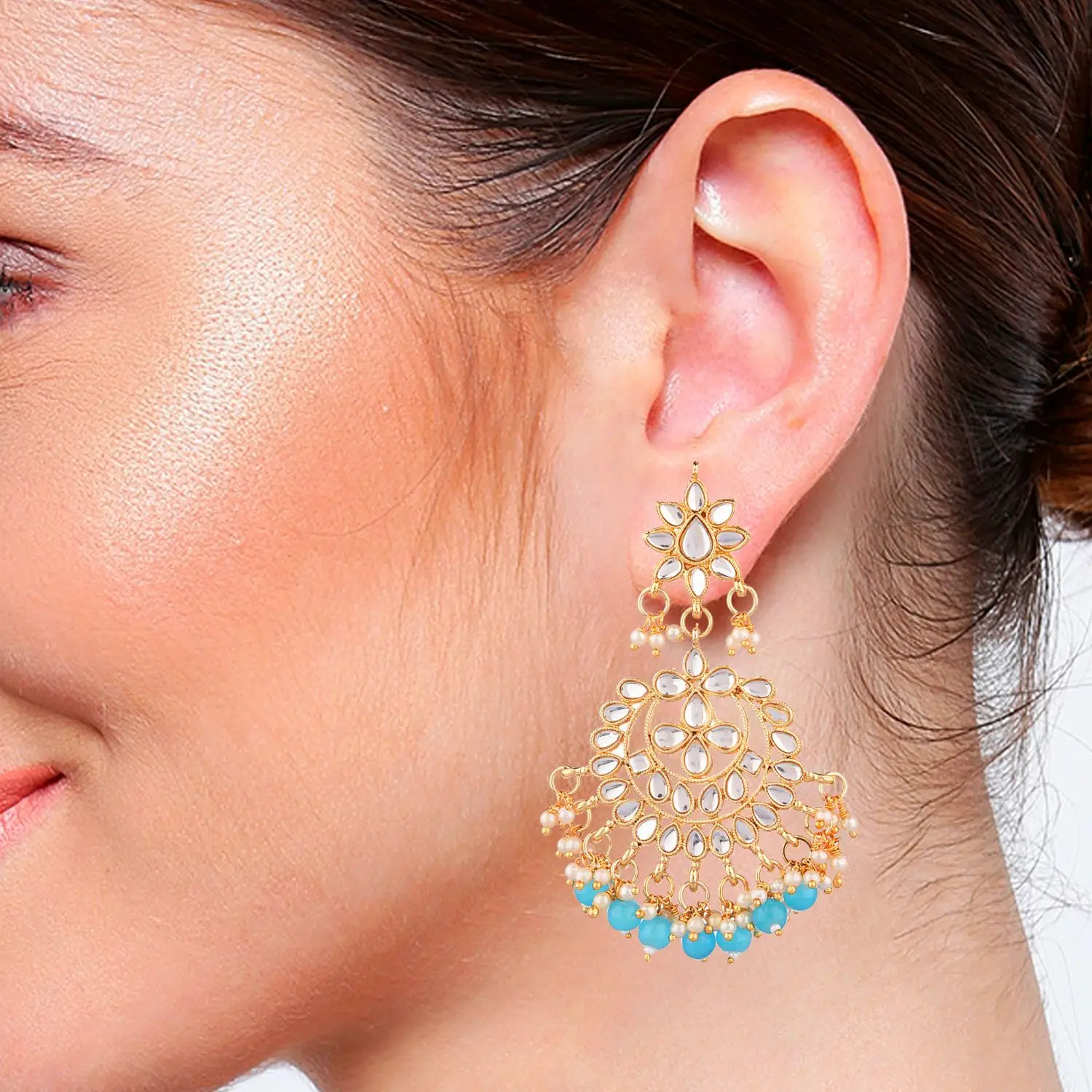 Indian Jewelry Bollywood Antique Crystal Kundan Beaded Floral Big Dangle Chandelier Earrings Set