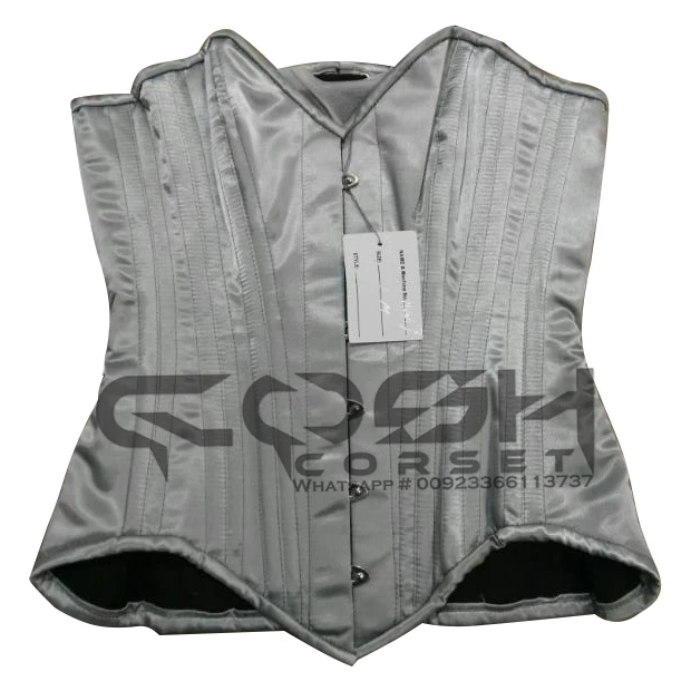 Over Bust Double Steel Boned Grey Satin Corset Top With Front Busk Closure, Prom Night And Party Wear Sexy Corset Lingerie