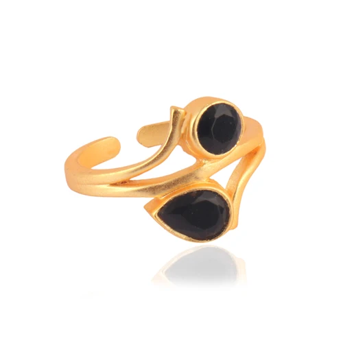 Natural black onyx gemstone ring gold plating adjustable bracelet double stone ring