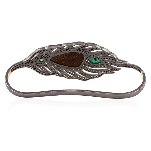 Natural Opal & Pave Emerald Diamond Peacock Feather Palm Bracelet In 18k Gold 925 Sterling Silver Jewelry