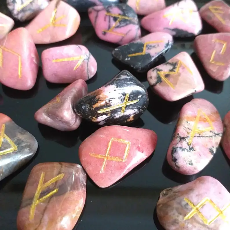 Rhodonite 25 Pcs Crystal Elder Futhark Rune Set Reiki Healing Chakra Balance Engraved Letter Handmade Gemstone Alfazal Agate