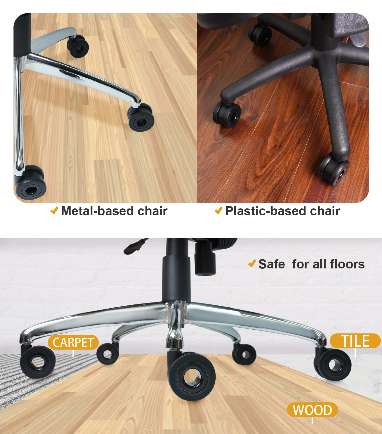 CCE Quite Smooth Office Chair Caster Wheels Hardwood 7/16 inch Universal Stem for Chair or IV Pole Replacement