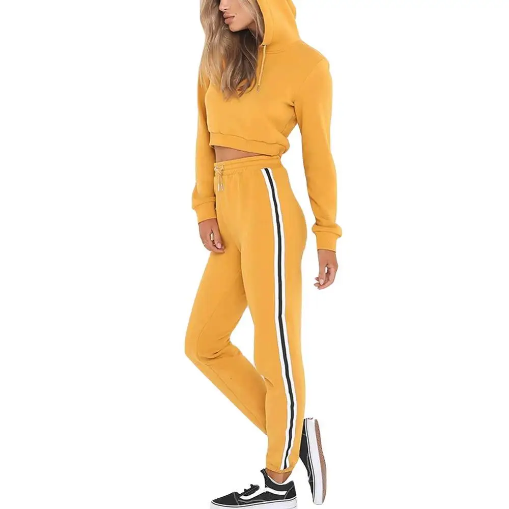 Women Tracksuit Set Long Sleeve Hooded Crop Top Sweatshirt + Pants Sport Jogging Suit Outfits