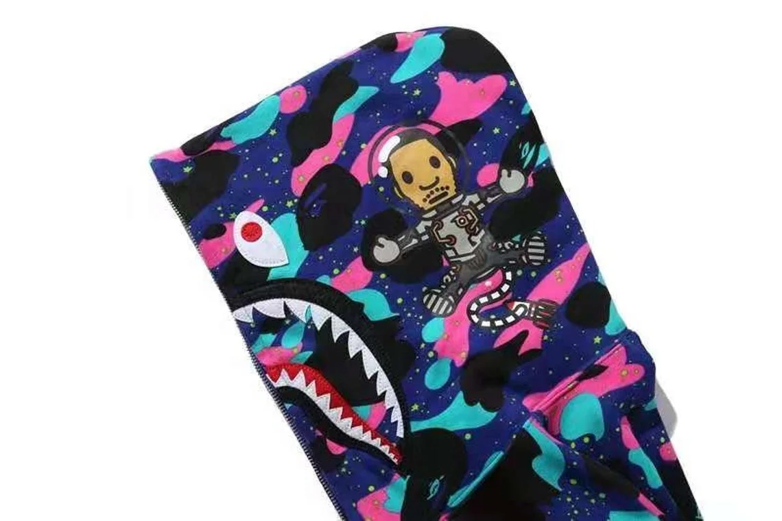 Wholesale High Quality Heavy Fleece Shark Hoodie Unisex Full Zip Up Bape Hoodies For Men Custom Logo Sweatshirt