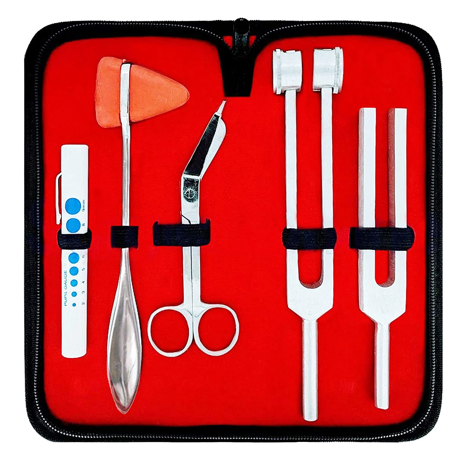 Surgical Percussion Taylor Reflex Hammer C 128 & C 512 Tuning Forks Bandage Scissors Pupil Gauge Pen Carrying Ca Light in Case
