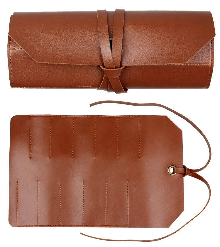 Topgood Waterproof PU Handmade Soft Leather pu Roll bag Tools Bag with 10 Pockets for electrician