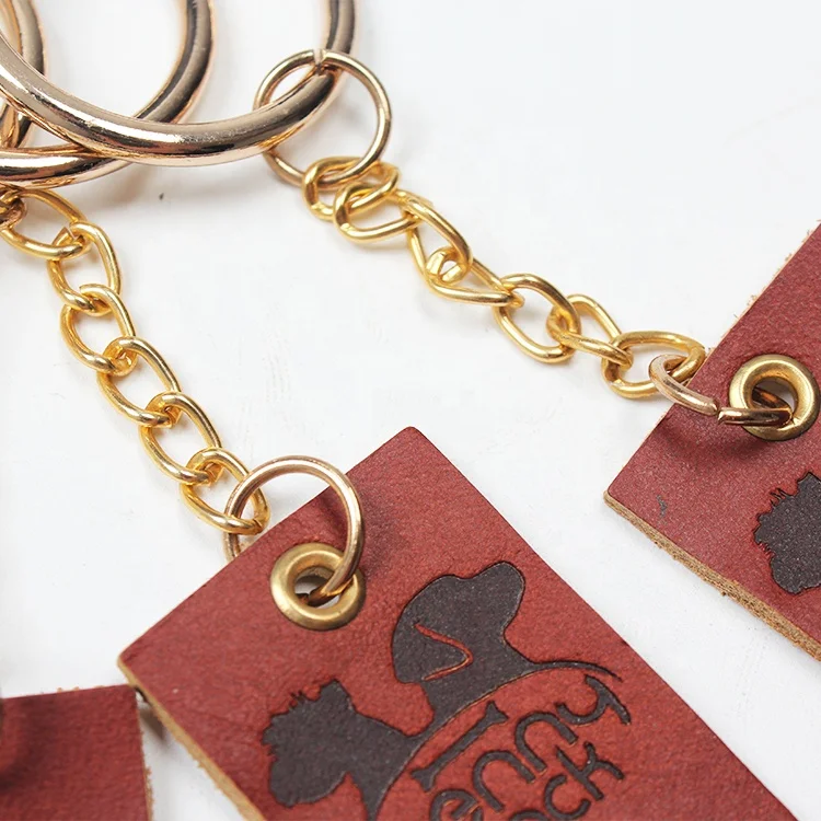 Design Custom Engraved Brand Logo Real Brown Leather Keychains for Men