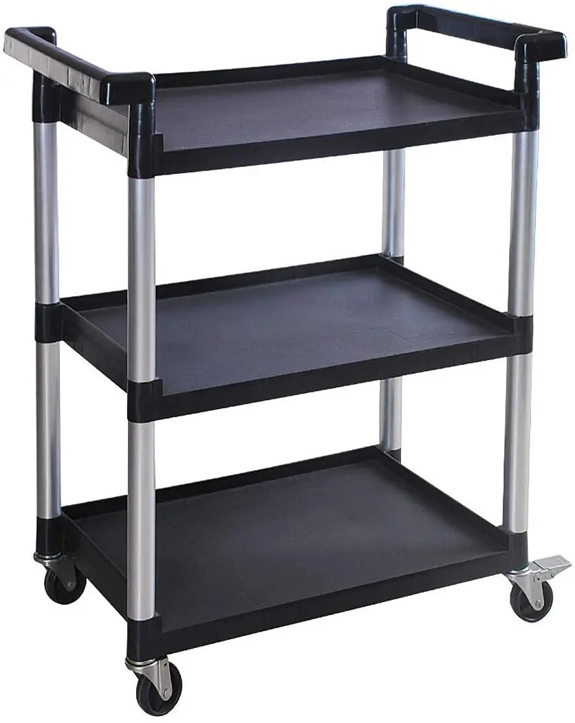 3-Shelf Black Utility Plastic Cart with Wheels Kitchen Island Trolley Serving Cart Foodservice Restaurant Cleaning
