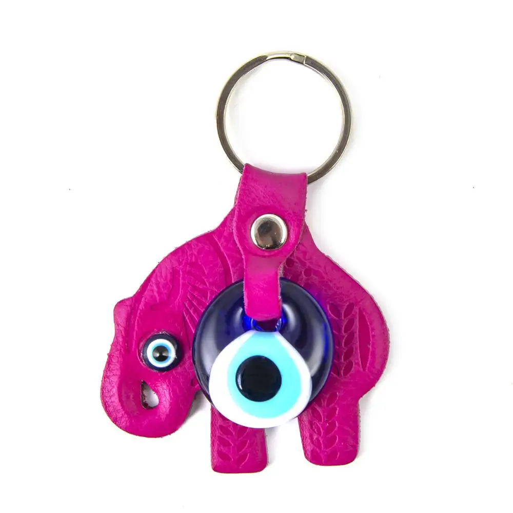 Elephant Shaped Evil Eye Beaded Imitation Leather Key Chain From Turkey
