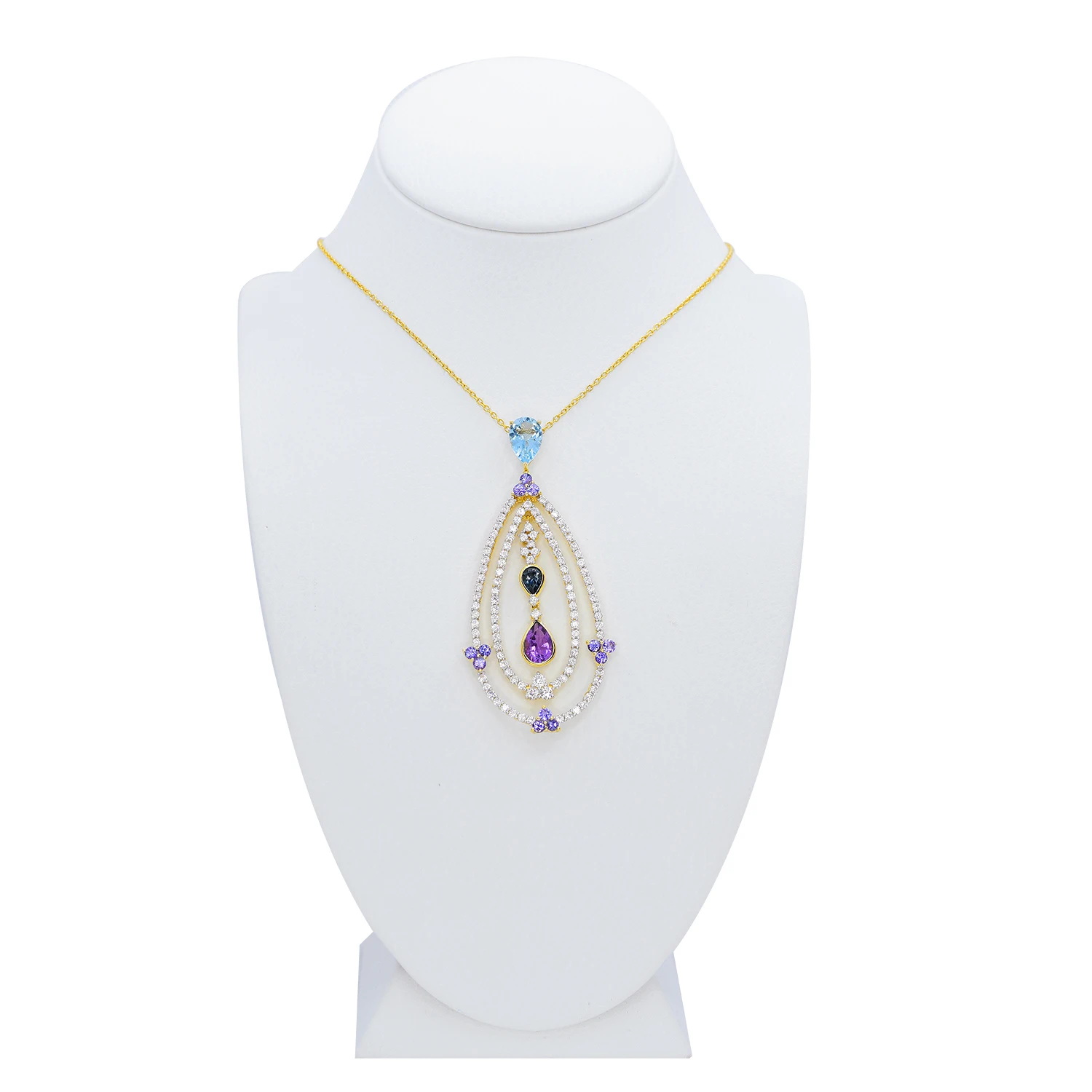 Ожерелье из серебра 14 к с голубым топазом и камнем разными листьями белым цирконием