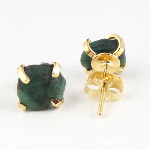 Small stud natural rough look emerald may birthstone screw back studs brass gold plated four prong setting handmade stud earring