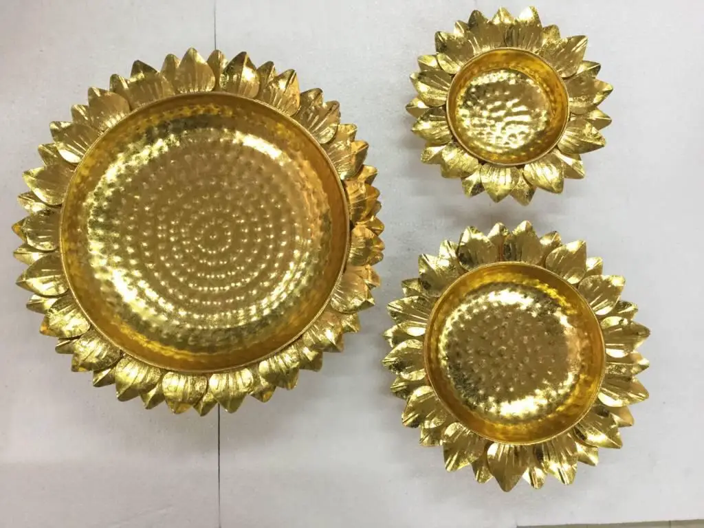 Iron platter in gold colour with design of line on lotus leaves and multiple shades of colour Diwali item new designee