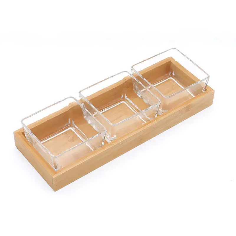 Sauce Dish Square Soy Sauce Dipping Bowls with Bamboo Tray Glass Dip Bowls for Snack Ketchup Condiments Dessert Fruit Bowls