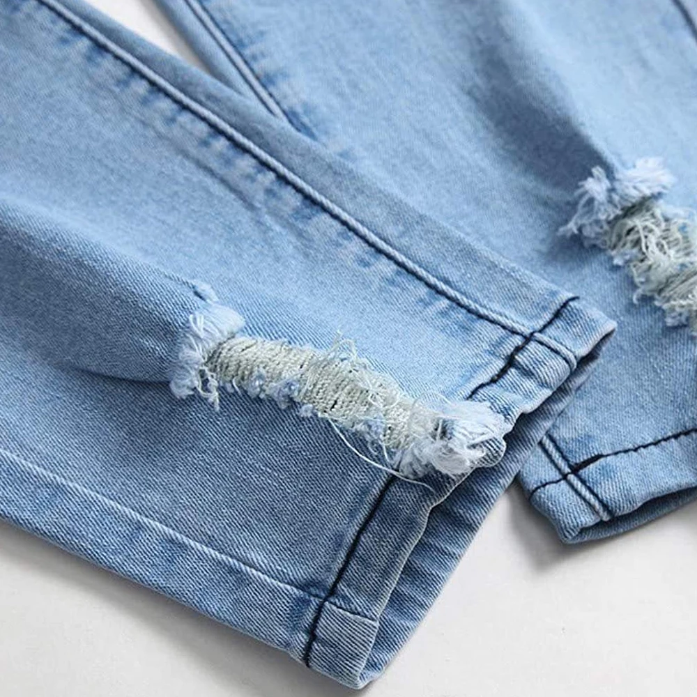 Heavyweight Vintage Acid Wash Blue Denim Pants Men Wholesale Cut Edge Stacked Jeans Flare Custom Ripped Distressed