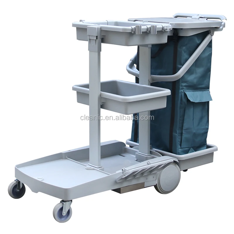 Hospital Cleaning Tools and Equipment Supplies Commercial Plastic Trolley Janitor Cart with Braking