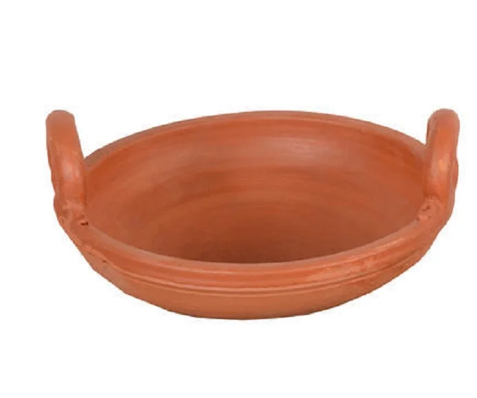 
High Quality Handmade Terracotta Clay Gas Cooking Deep Fry Pan/Kaadai/Handi with Aluminium Handle 