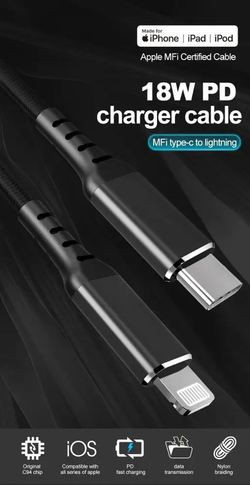 
Pd 18W Original IPhone Charger Cable C94 Chip Mfi Certified Usb Type C To Lightning Cable Fast Charging For Appe Iphone 12 