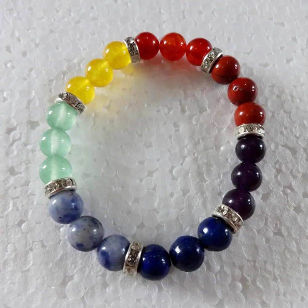Wholesale Seven Chakra Bracelet : Chakra Elastic Bracelet with Diamond Rings