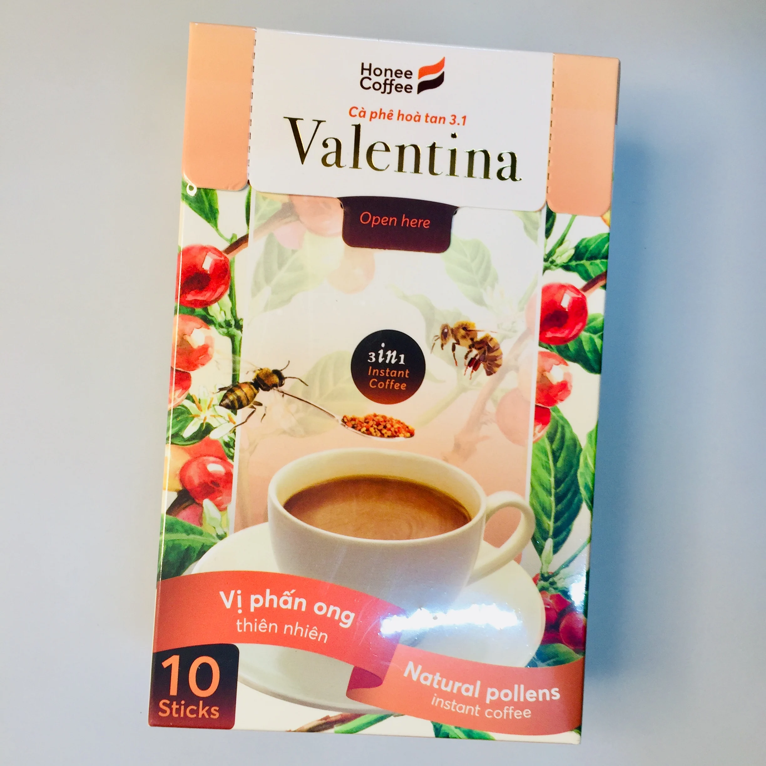 Valentina coffee instant mix 3 in 1 with natural bee pollen and non dairy creamer Honee Coffee brand