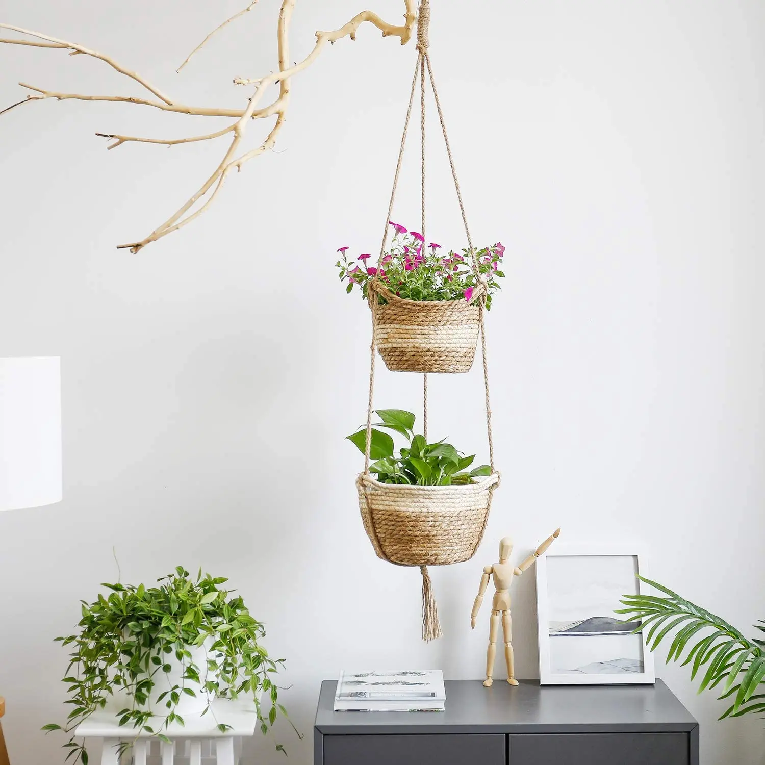 Seagrass Hanging Planters Basket Indoor Two Layers Flower Pot Storage Organizer with Waterproof Plastic Liner