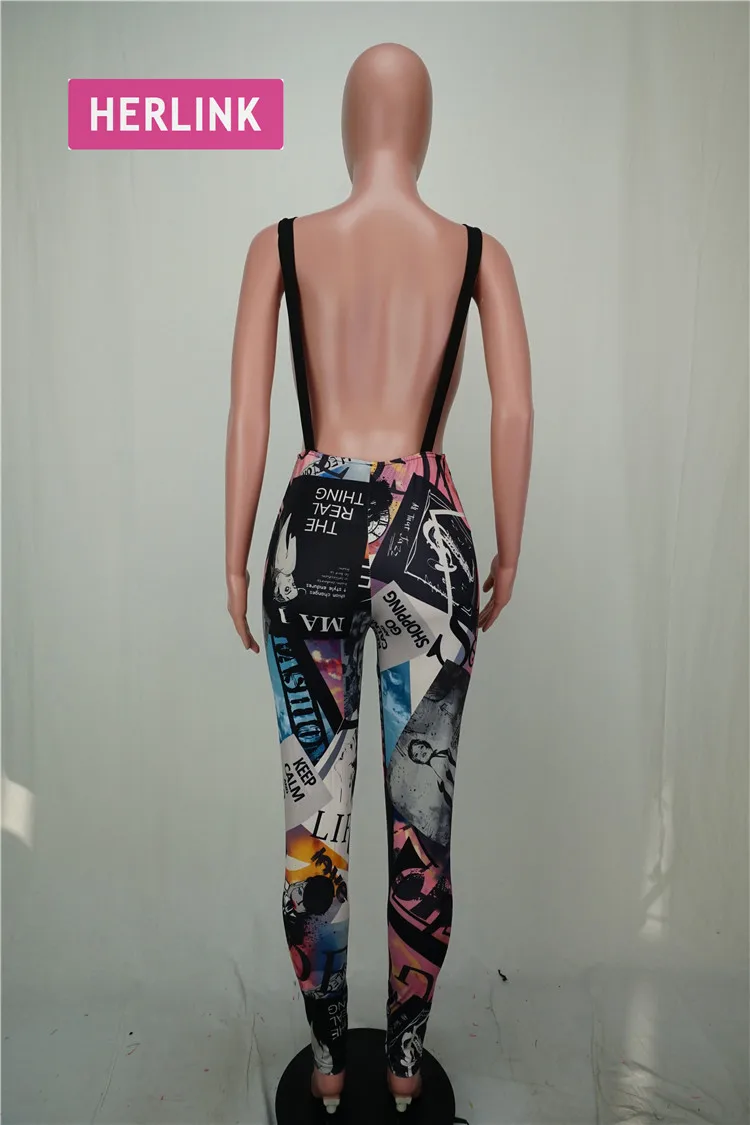 H1255 ladies modern hollow out backless letter print bandage jumpsuit