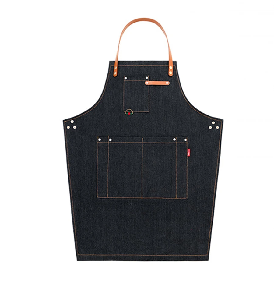 Hign Quality Aprons with logo BBQ Denim Barber Apron with Genuine Leather Straps