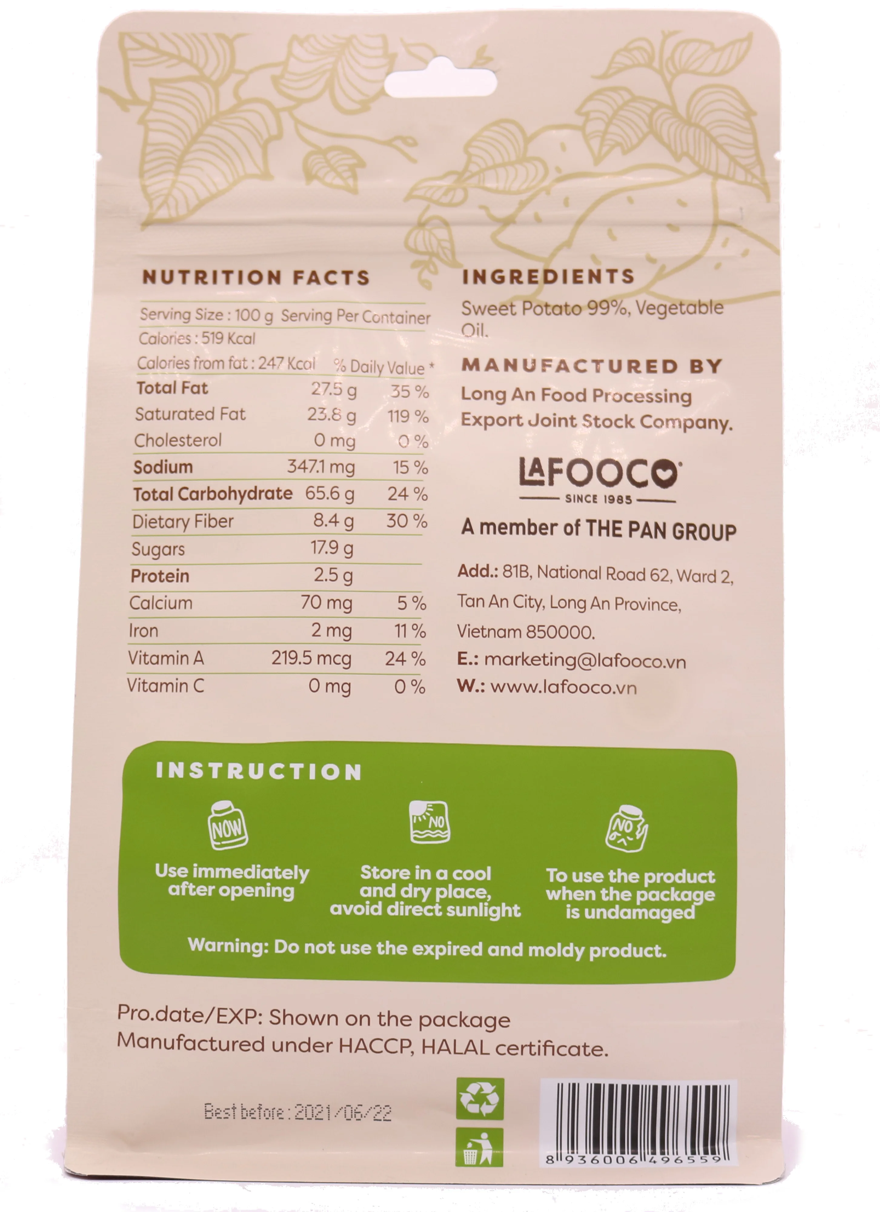 Lafooco чипсы для сладкого картофеля 100 г стоячий мешочек вьетнамская закуска с естественным вкусом безвредная