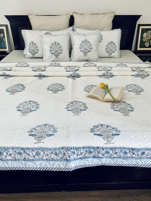 Premium Quality   Indian Hand Block Printed Blue Floral Handmade Cotton Quilted Bed Cover  With Pillow Cover