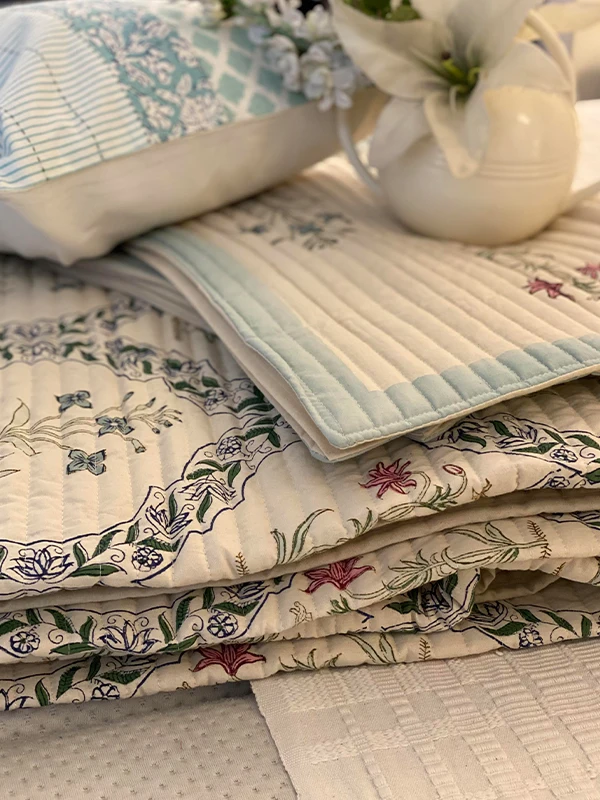 Premium Quality   Indian Hand Block Printed Blue Floral Handmade Cotton Quilted Bed Cover  With Pillow Cover