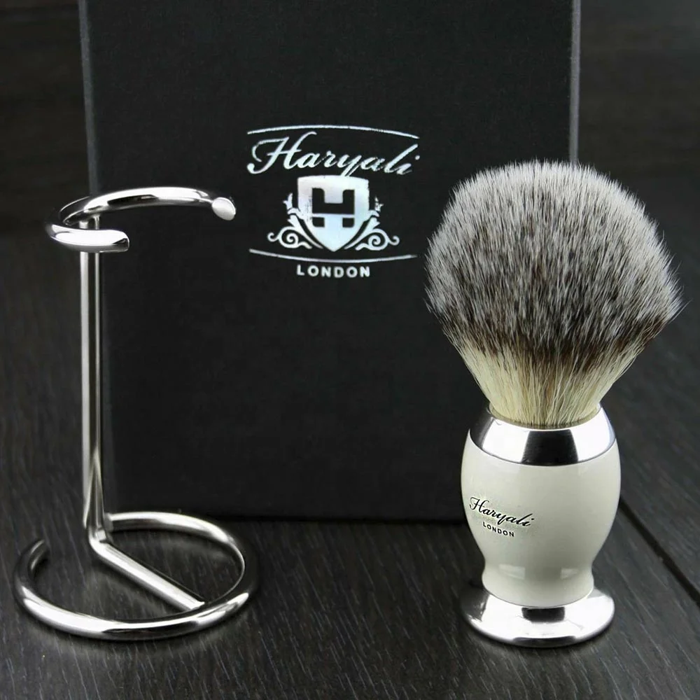 Мужская кисть для бритья из синтетических волос с основанием из слоновой кости и металла и подставкой для бритвенной кисти из нержавеющей стали