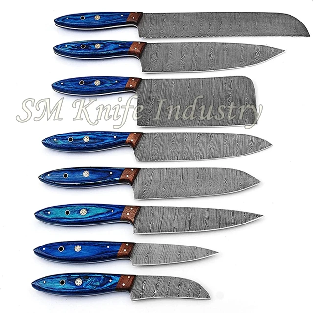 Chef Knives Set with Leather Kit Round Handle Damascus 8 Pieces DAMASCUS Steel Kitchen Cutting Foods Chopping Meat