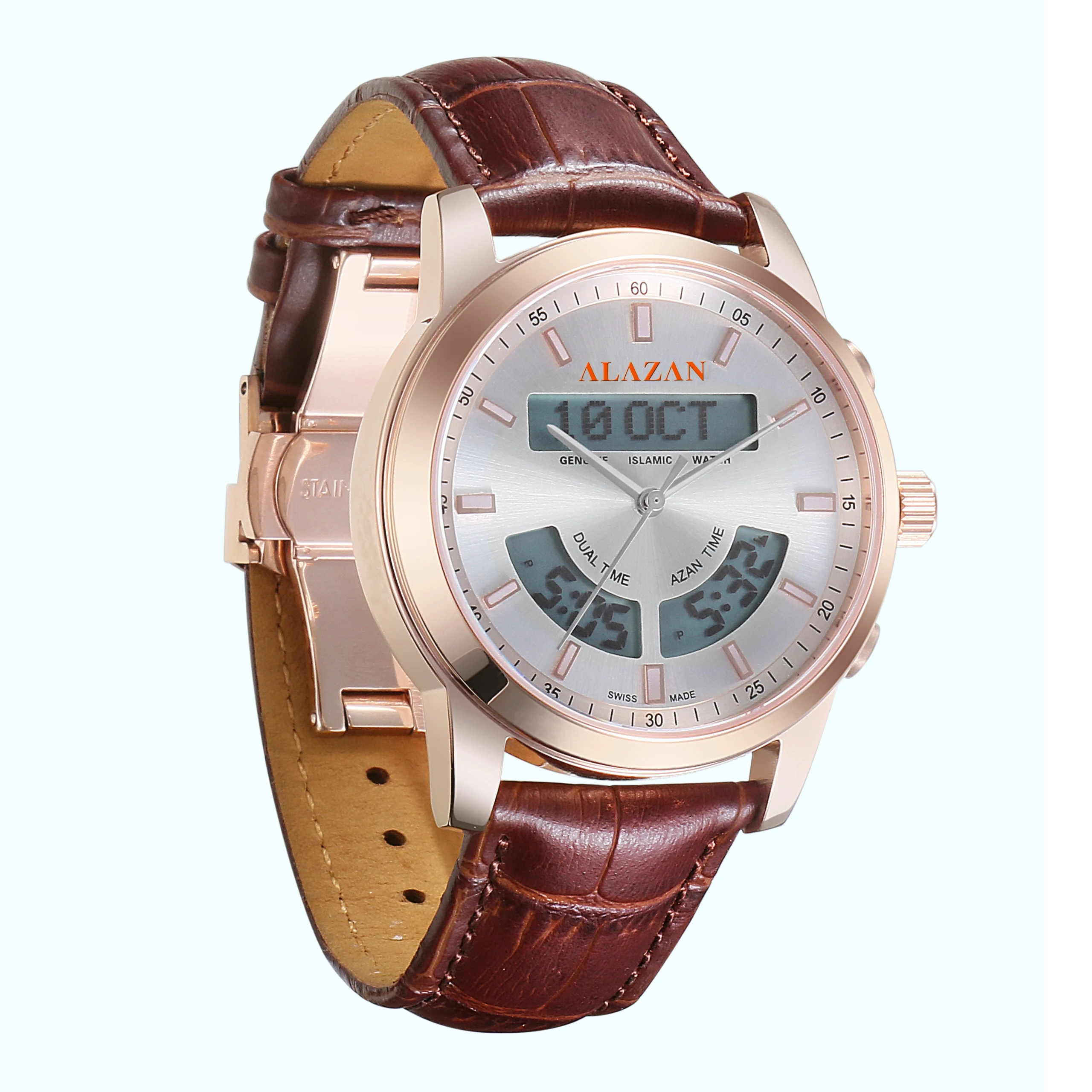 alazan Islamic alasr muslim azan alfajr summon Stainless steel prayer  qibla compass waterproof  clock watch factory wholesaler