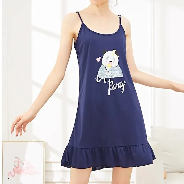 Women Panda print spaghetti strap night gown with ruffled hem 100 cotton ladies sleeveless Summer Loungewear sleepwear