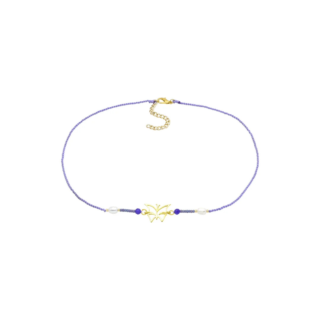 NECKLACE WITH GOLD COLOR BRASS BUTTERFLY CHARM, FRESH WATER PEARLS AND AGATE STONE BEADS ON HANDTWISTED COTTON STRING